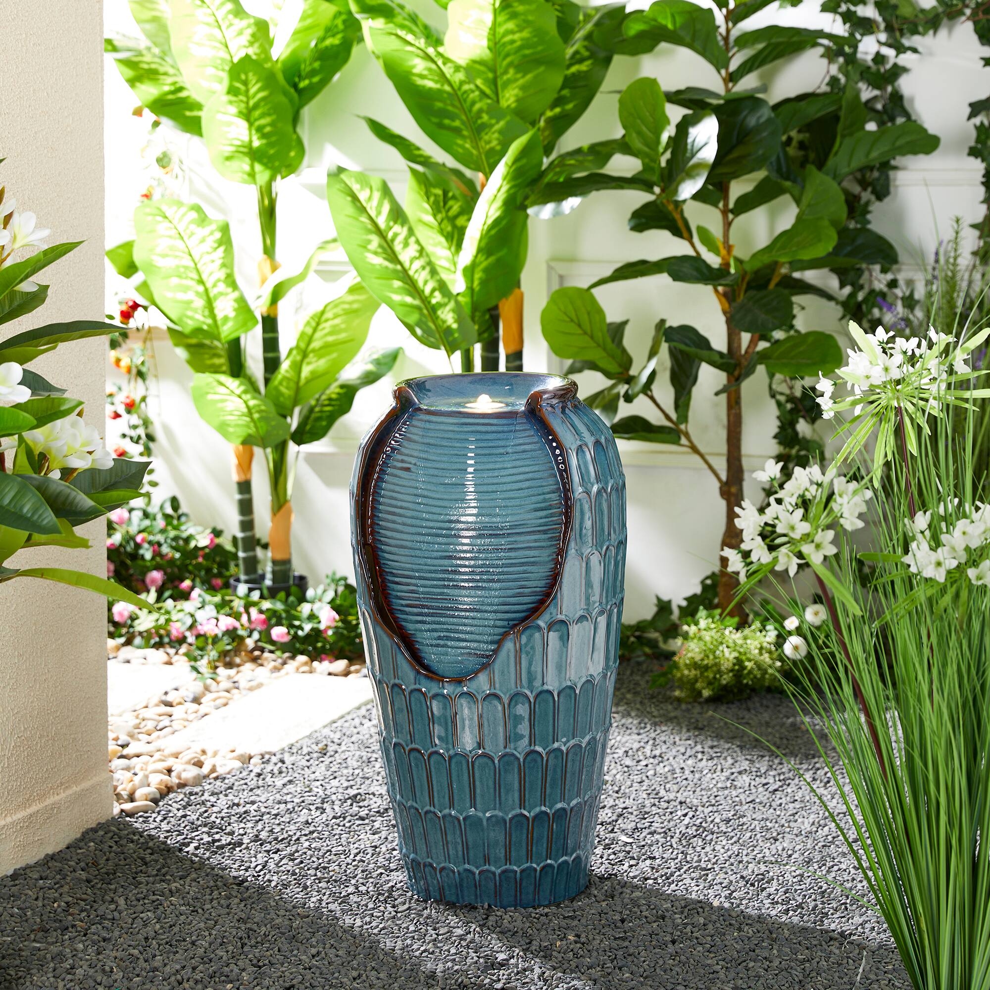 Glitzhome® 28.25" LED Petals Textured Ceramic Jar Outdoor Floor Fountain